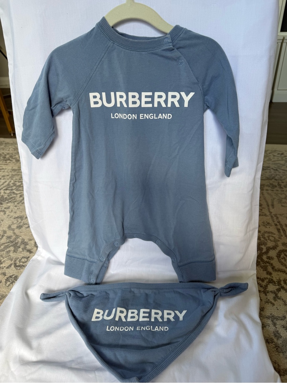 Burberry Blue Baby One-Piece with Logo and Matching Bib